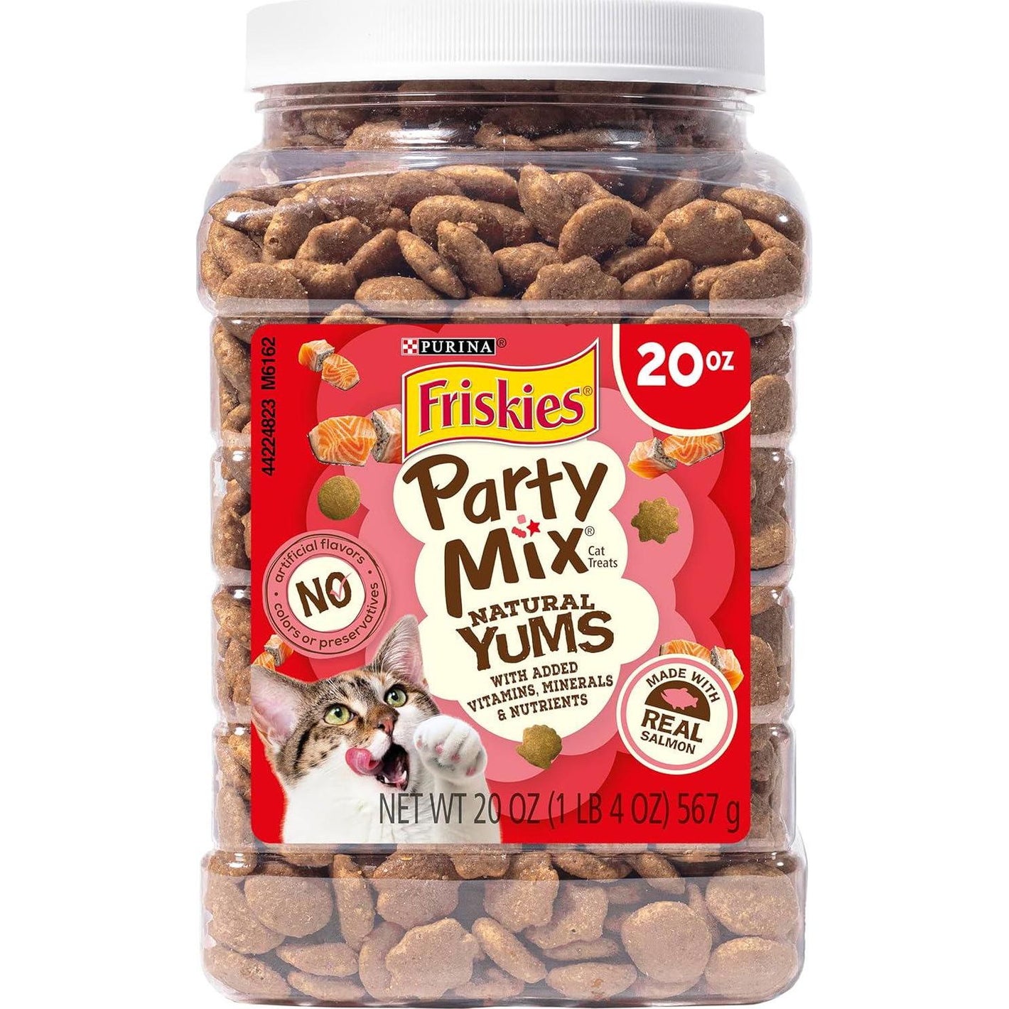 Purina Friskies Party Mix Natural Cat Treats, Real Salmon, Added Nutrients, 20 oz Canister