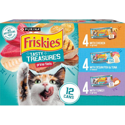 Purina Friskies Tasty Treasures Cat Food Variety, 5.5 oz x 12 Cans, Ocean Fish, Tuna, Chicken, Turkey Flavors