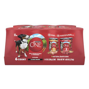 Purina One Classic Ground Wet Dog Food Variety Chicken and Beef with Brown Rice 13 oz Cans Pack of 6