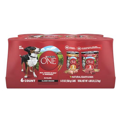 Purina One Classic Ground Wet Dog Food Variety Chicken and Beef with Brown Rice 13 oz Cans Pack of 6