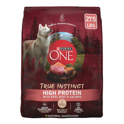 Purina ONE True Instinct dog food 27.5 lb bag with real beef and salmon plus bone broth vitamins and minerals