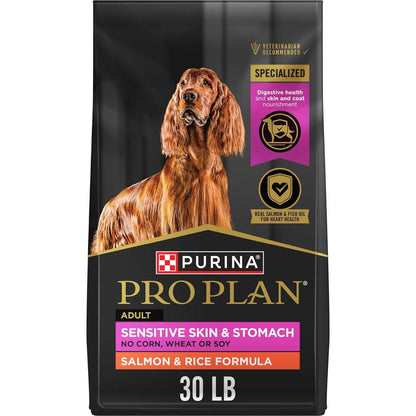 Purina Pro Plan Sensitive Skin & Stomach Dog Food, Salmon & Rice, 30 lb Bag, Digestive Health