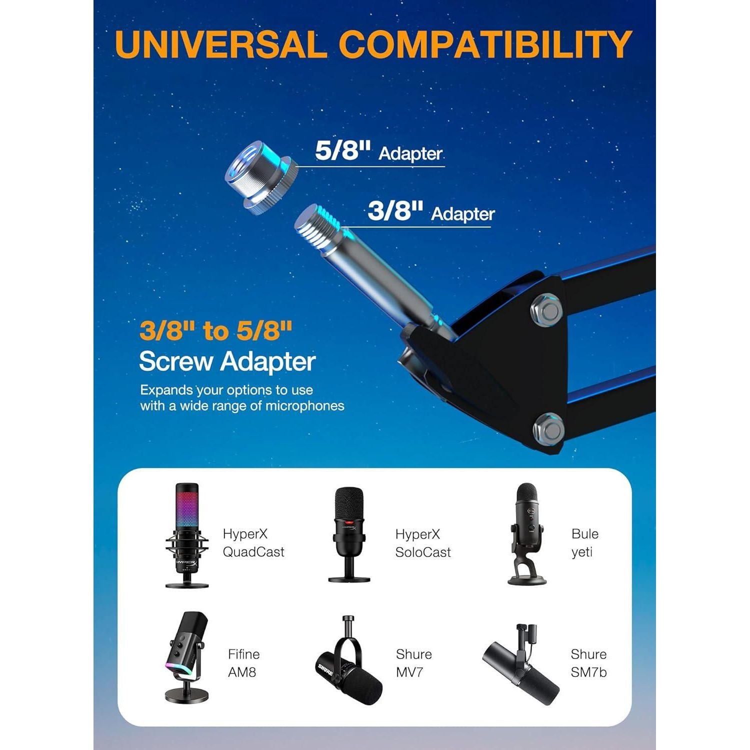 QuadCast Boom Arm, Mic Arm Microphone Arm For HyperX QuadCast SoloCast Blue Yeti Fifine AM8 And Most Mic, Mic Stand Desk With 3/8 To 5/8 Adapter By SUNMON,