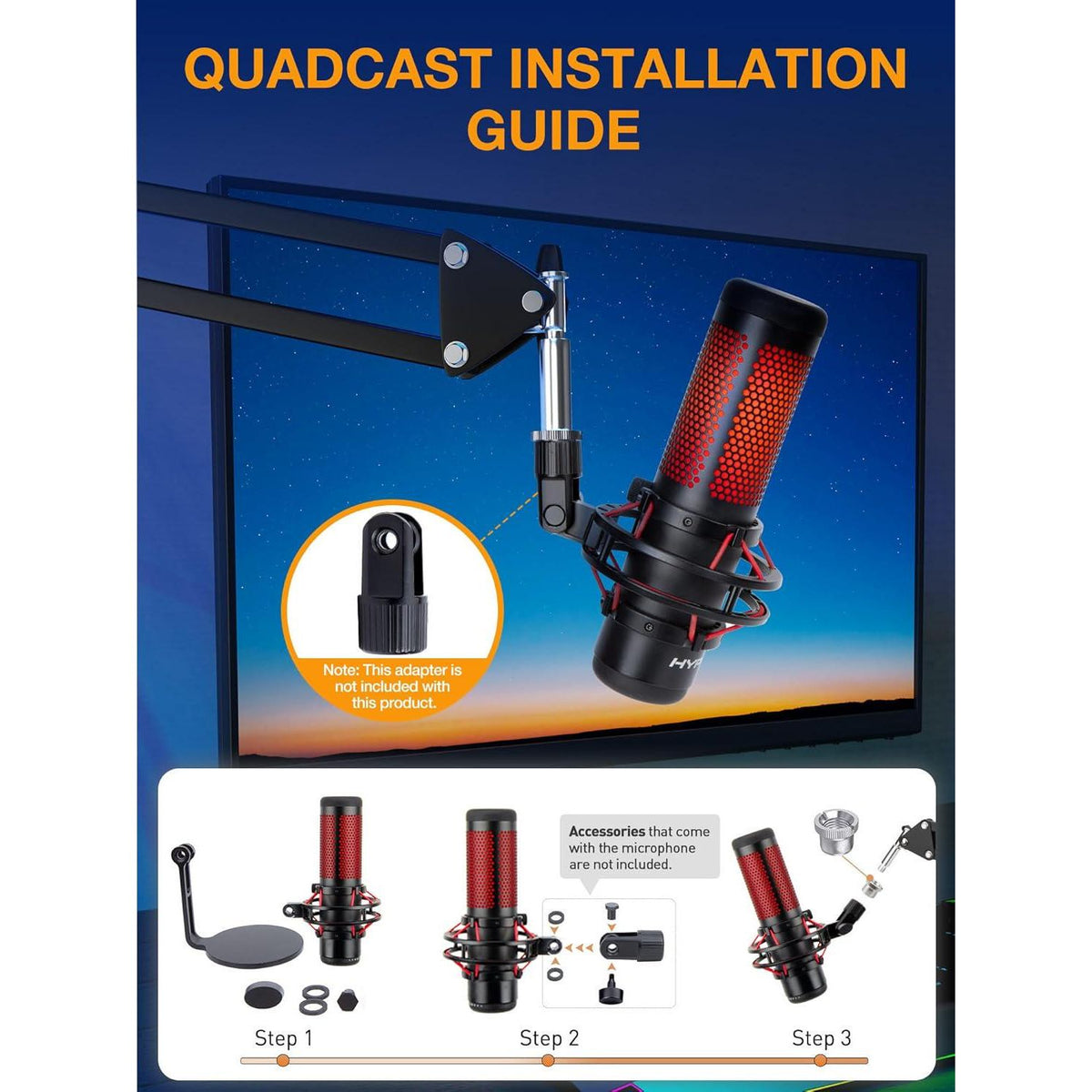 QuadCast Boom Arm, Mic Arm Microphone Arm For HyperX QuadCast SoloCast Blue Yeti Fifine AM8 And Most Mic, Mic Stand Desk With 3/8 To 5/8 Adapter By SUNMON,