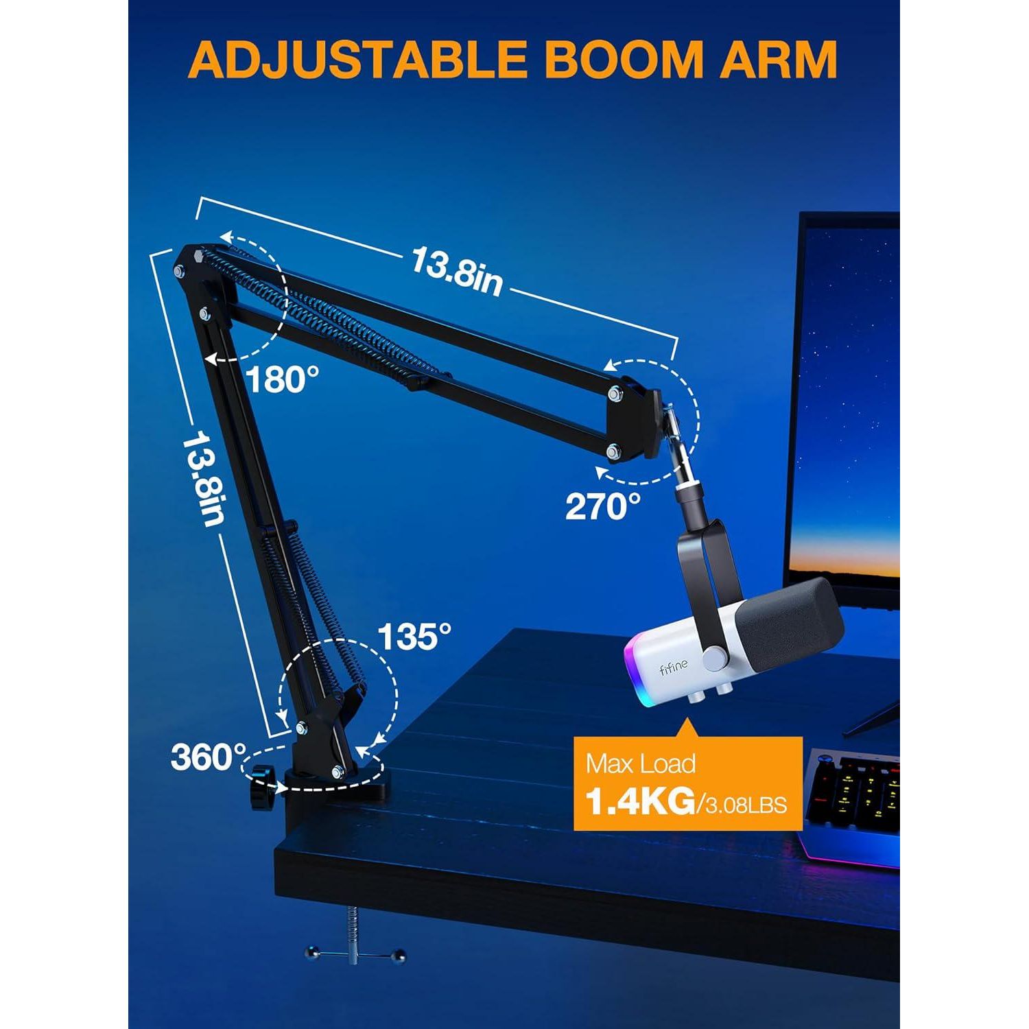 QuadCast Boom Arm, Mic Arm Microphone Arm For HyperX QuadCast SoloCast Blue Yeti Fifine AM8 And Most Mic, Mic Stand Desk With 3/8 To 5/8 Adapter By SUNMON,