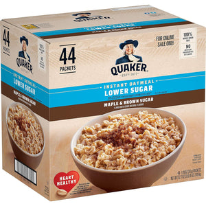 Quaker Instant Oatmeal, Lower Sugar, Maple & Brown Sugar, 119oz, Pack of 44