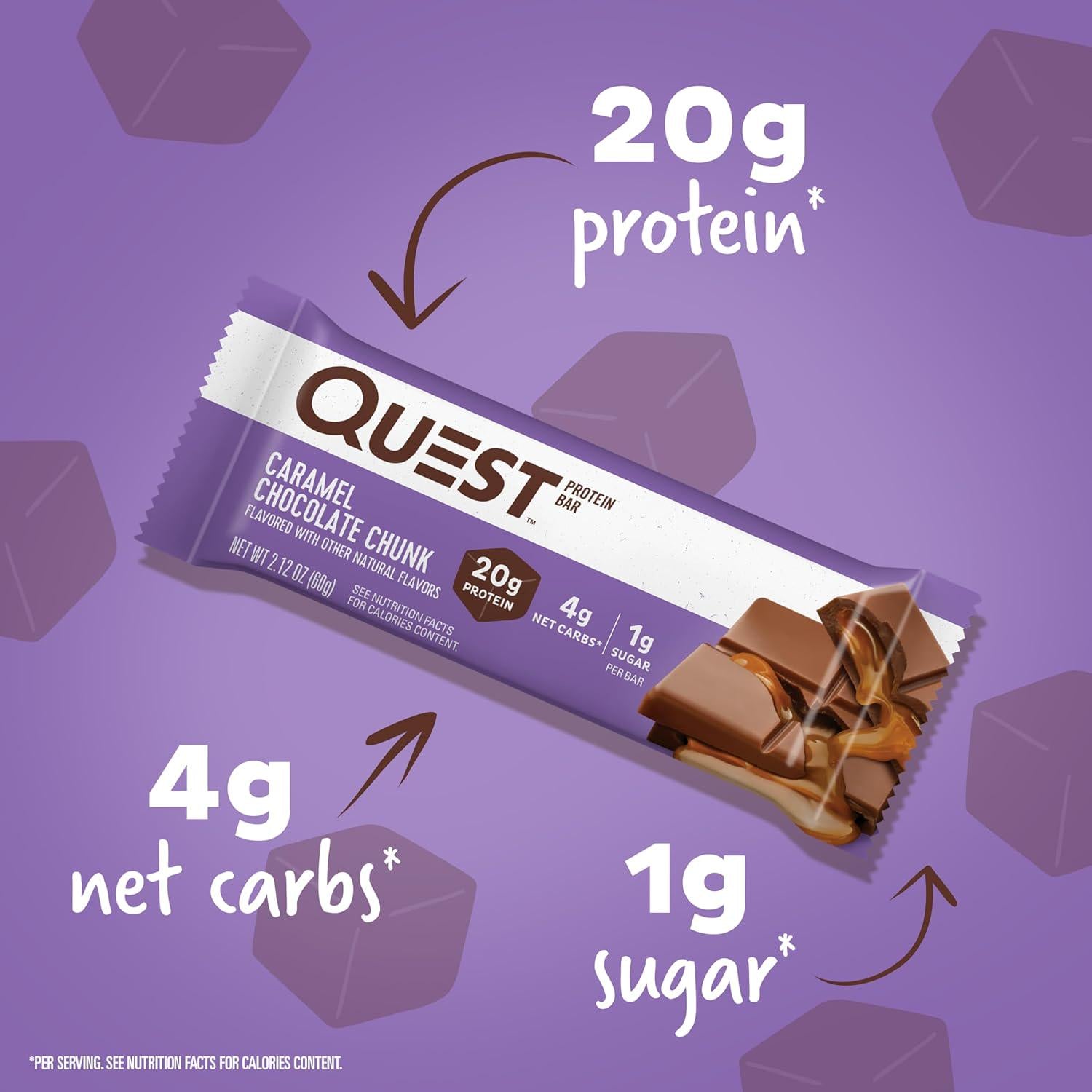 Quest Nutrition Caramel Chocolate Chunk Protein Bar, 20g Protein, 1g Sugar, 4g Net Carbs, Gluten Free, Keto Friendly, 12 Count,