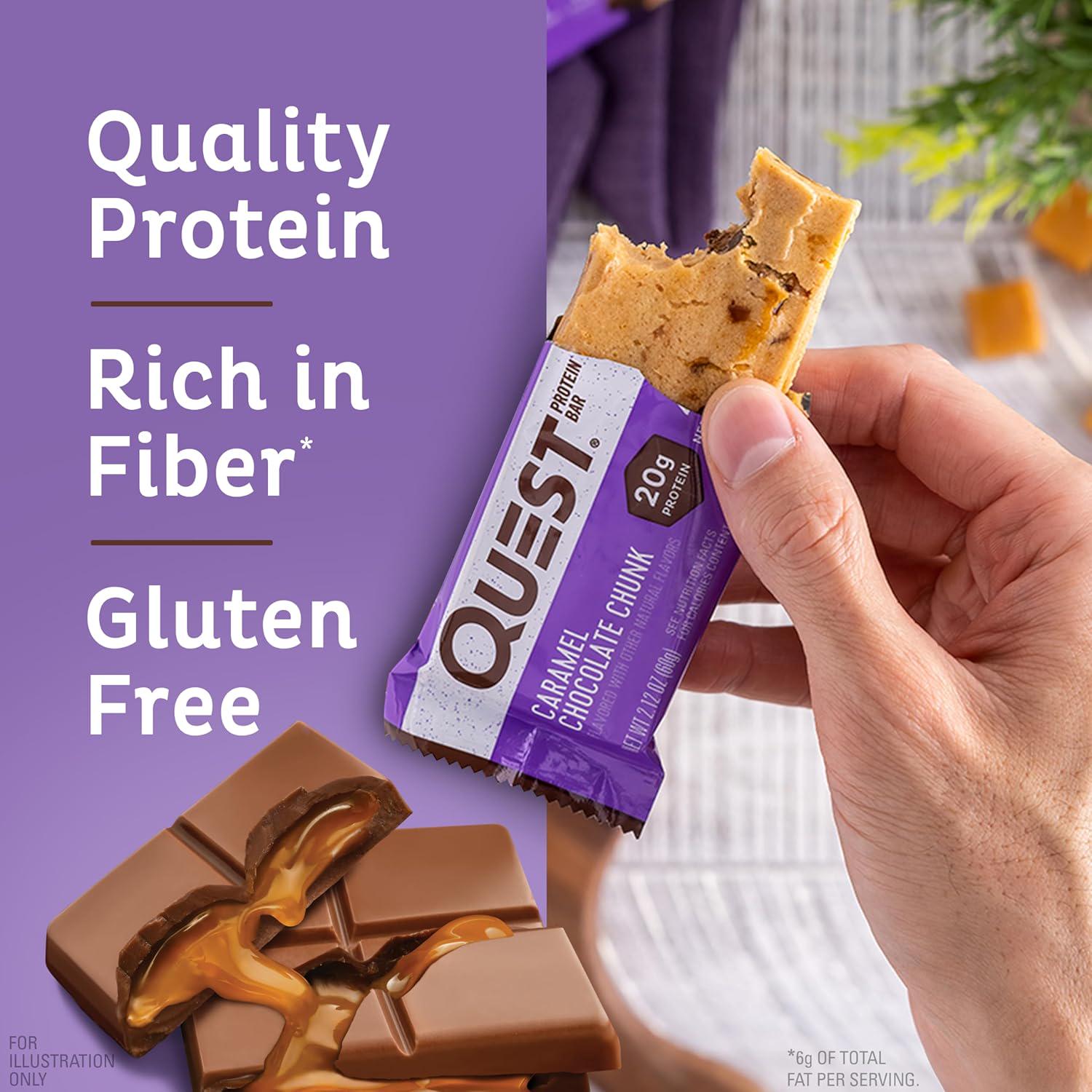 Quest Nutrition Caramel Chocolate Chunk Protein Bar, 20g Protein, 1g Sugar, 4g Net Carbs, Gluten Free, Keto Friendly, 12 Count,
