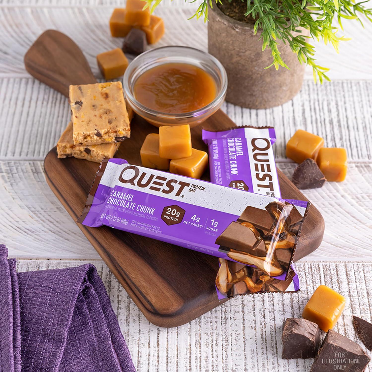 Quest Nutrition Caramel Chocolate Chunk Protein Bar, 20g Protein, 1g Sugar, 4g Net Carbs, Gluten Free, Keto Friendly, 12 Count,