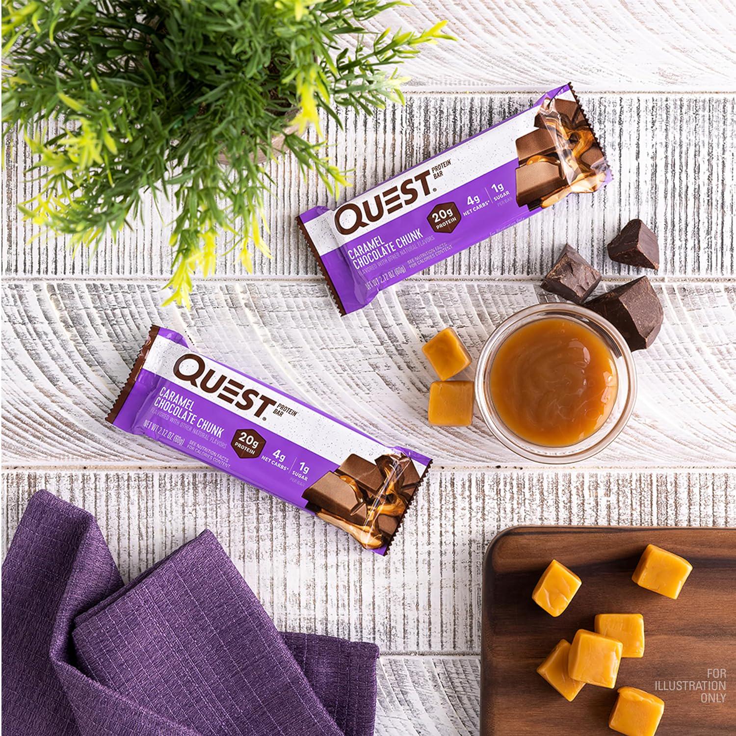 Quest Nutrition Caramel Chocolate Chunk Protein Bar, 20g Protein, 1g Sugar, 4g Net Carbs, Gluten Free, Keto Friendly, 12 Count,