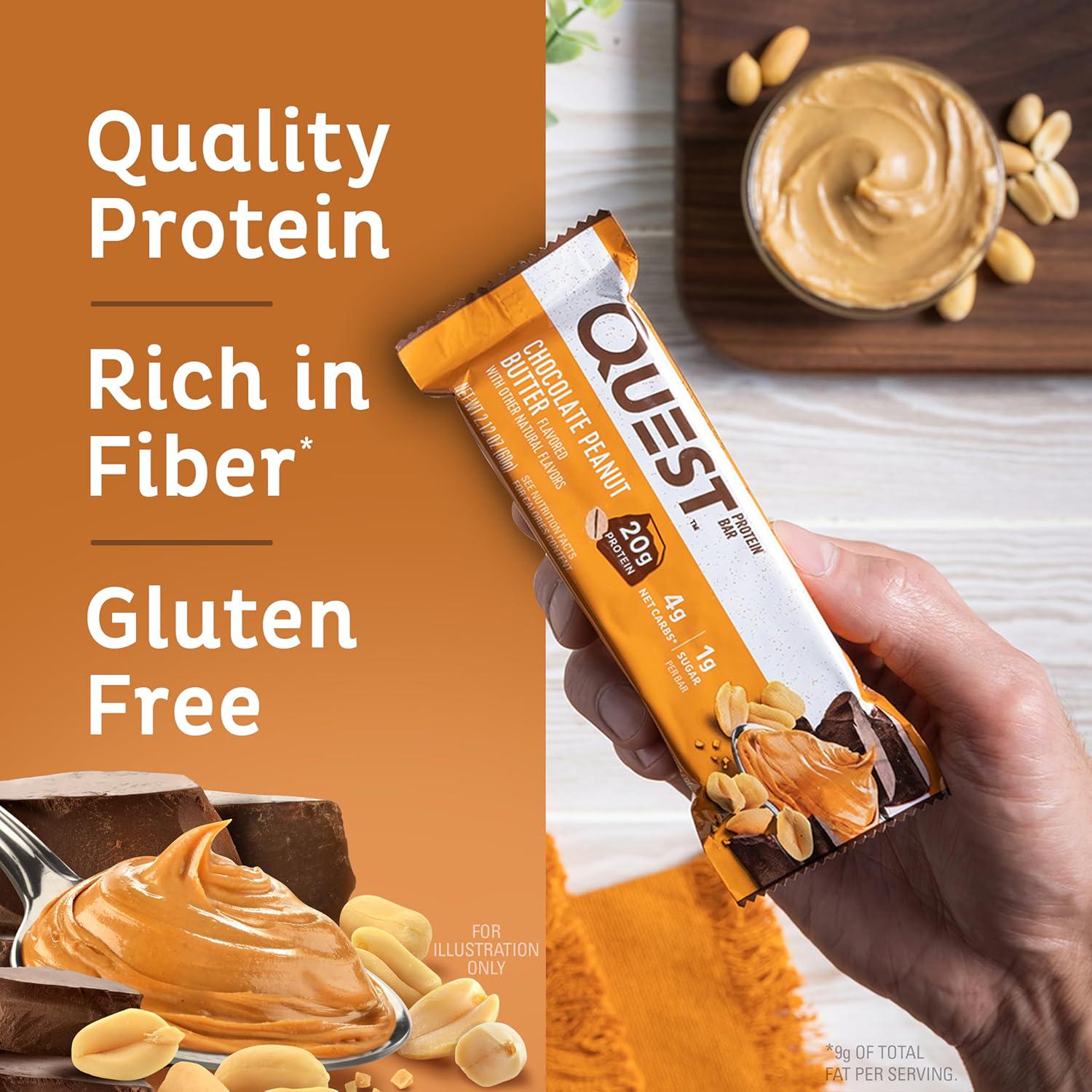 Quest Nutrition Chocolate Peanut Butter Bars, 20g Protein, 1g Sugar, 5g Net Carb, Gluten Free, Keto Friendly, 12 Count,