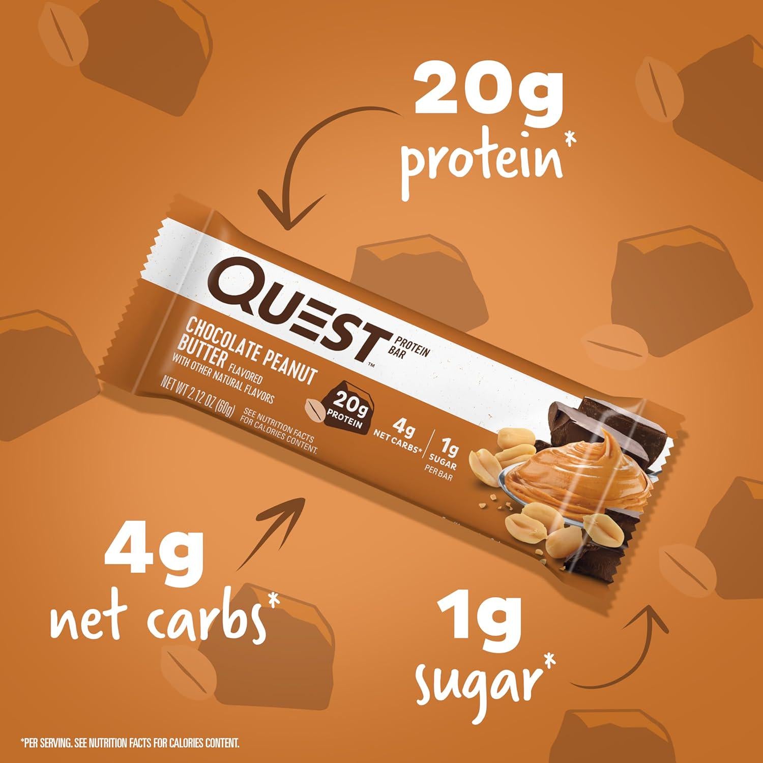 Quest Nutrition Chocolate Peanut Butter Bars, 20g Protein, 1g Sugar, 5g Net Carb, Gluten Free, Keto Friendly, 12 Count,