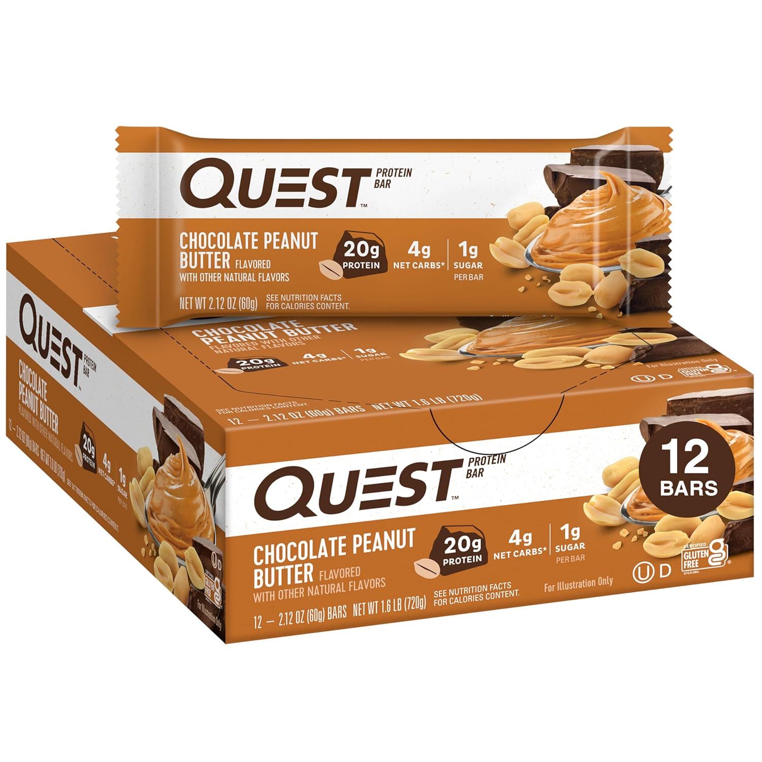 Quest Nutrition Chocolate Peanut Butter Bars, 20g Protein, 1g Sugar, 5g Net Carb, Gluten Free, Keto Friendly, 12 Count,