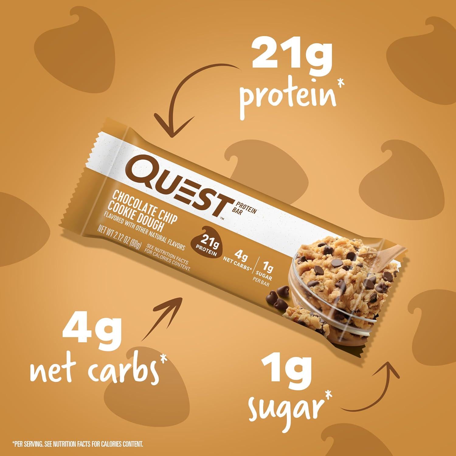 Quest Nutrition Chocolate Chip Dough Cookie Protein Bars, 21g Protein, 1g Sugar, 4g Net Carb, Gluten Free, Keto Friendy, 12 Count,