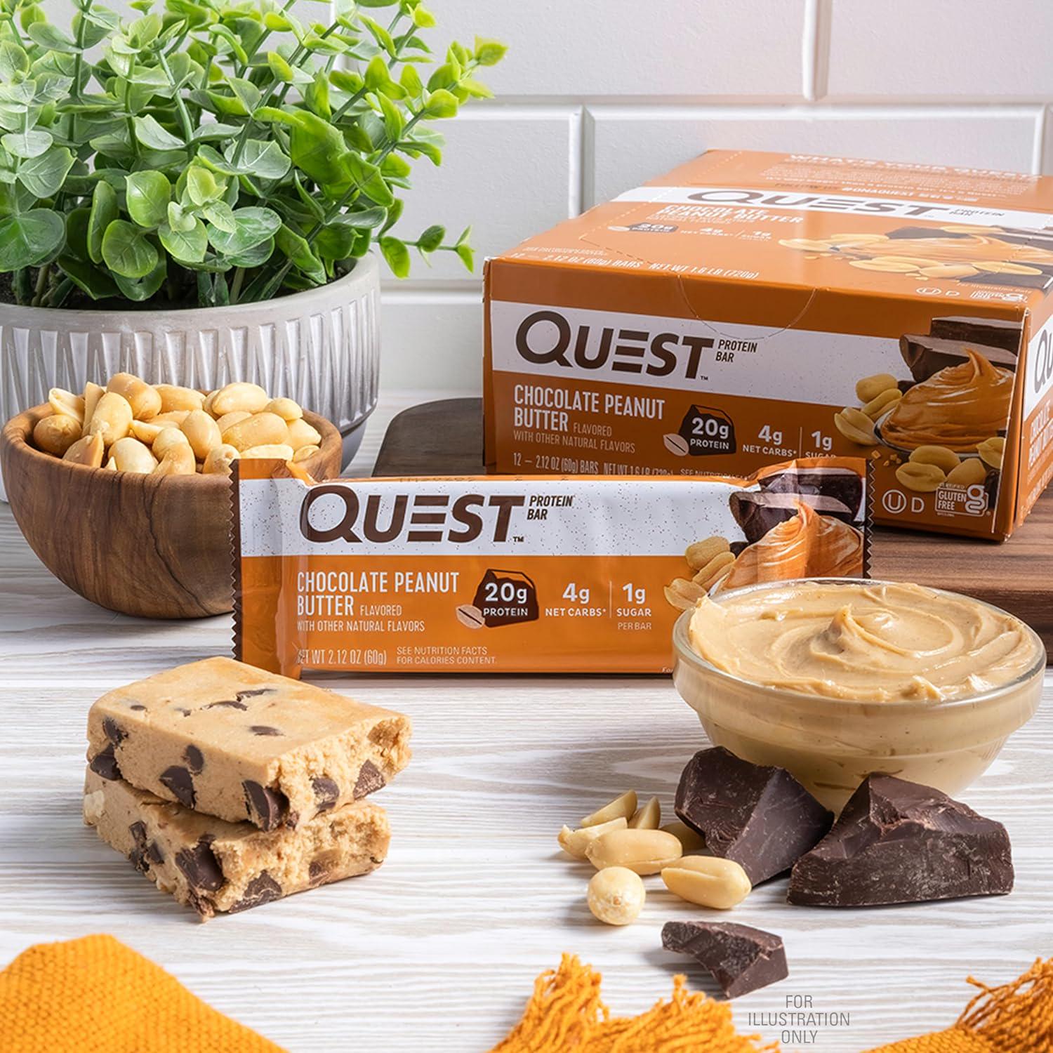 Quest Nutrition Chocolate Peanut Butter Bars, 20g Protein, 1g Sugar, 5g Net Carb, Gluten Free, Keto Friendly, 12 Count,