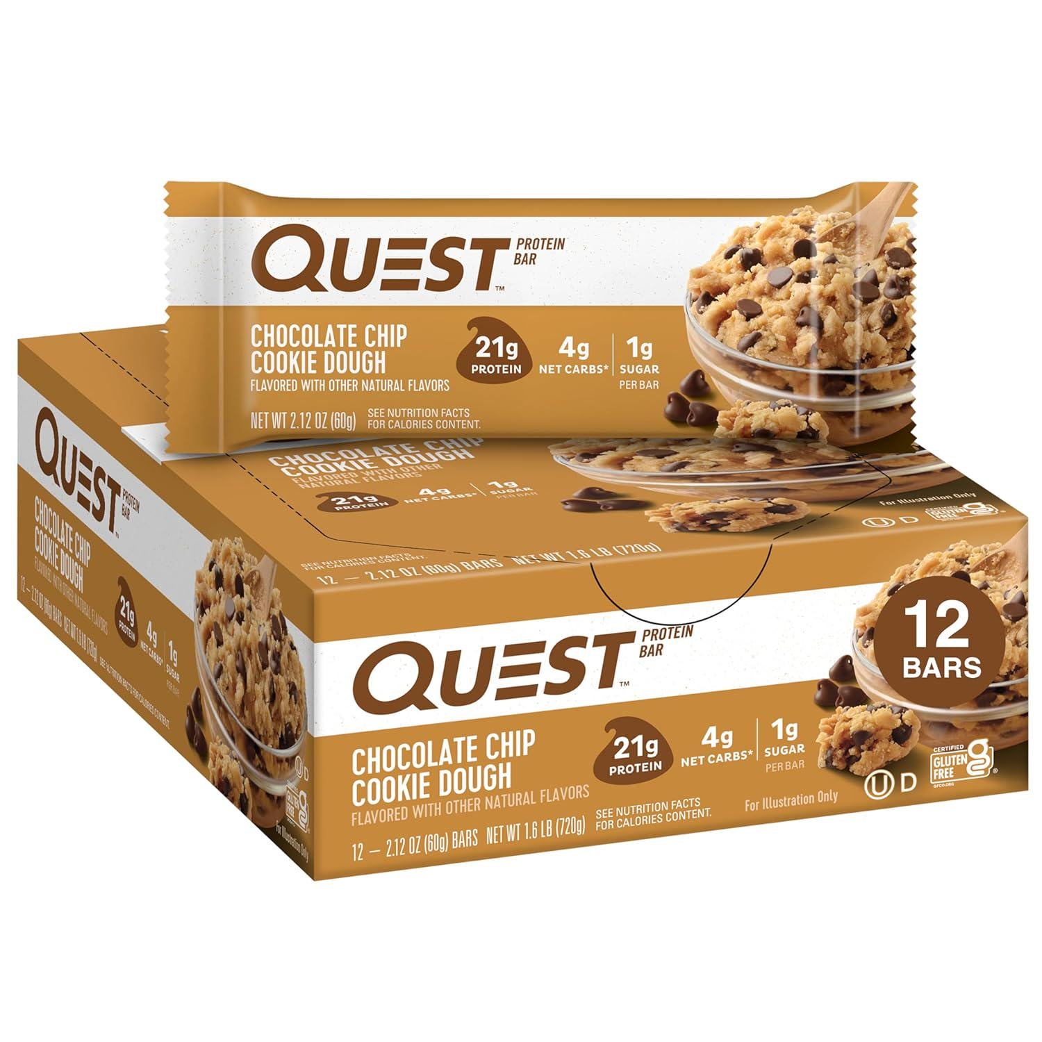 Quest Nutrition Chocolate Chip Dough Cookie Protein Bars, 21g Protein, 1g Sugar, 4g Net Carb, Gluten Free, Keto Friendy, 12 Count,