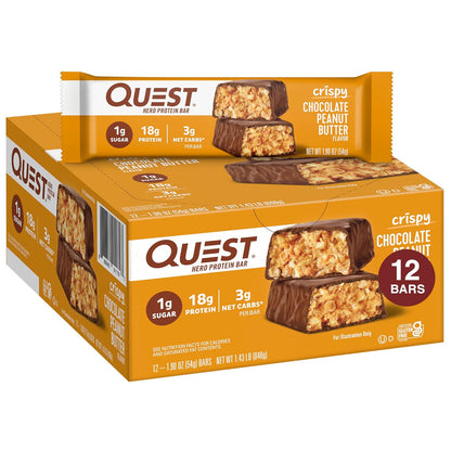 Quest Nutrition Hero Protein Bar, Crispy Chocolate Peanut Butter, 18g Protein, 1g Sugar, 3g Net Carbs, Gluten-Free, Keto-Friendly, 12 Count