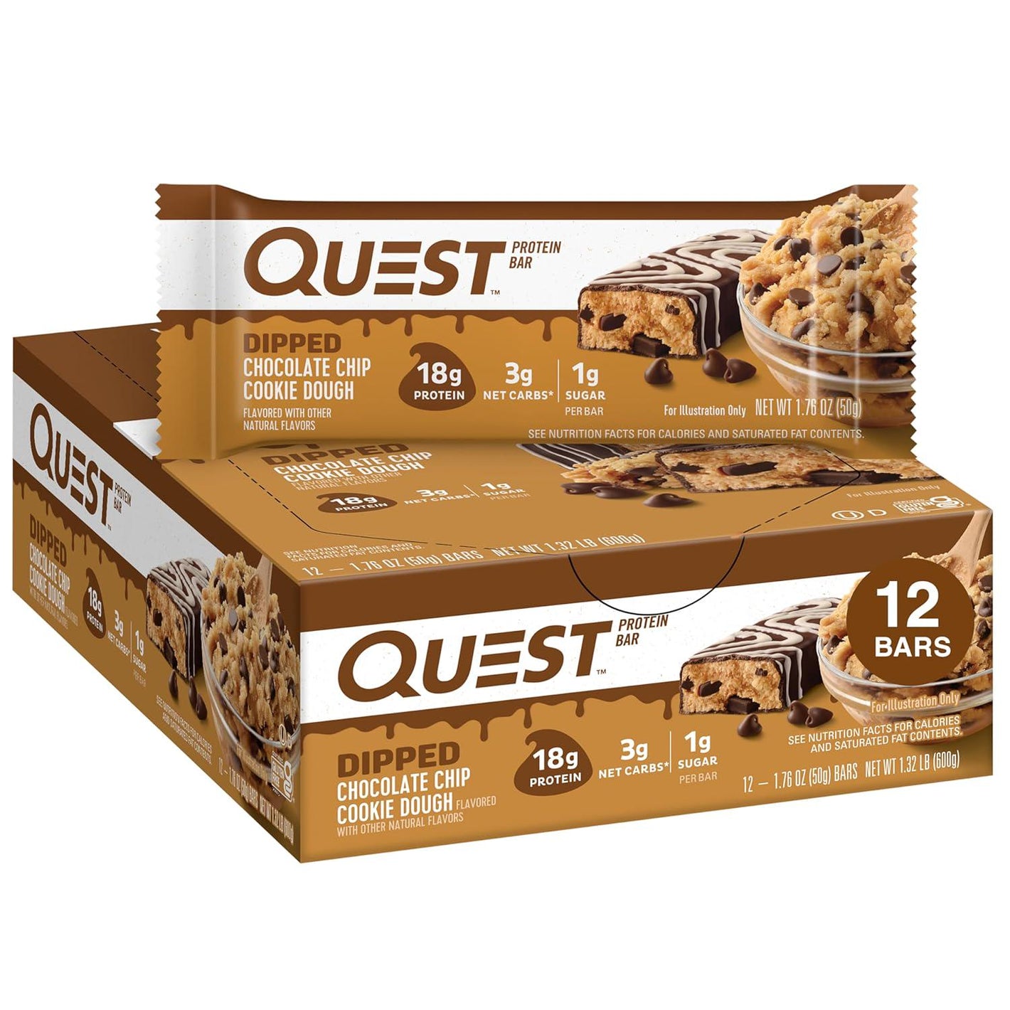 Quest Nutrition Quest Nutrition Dipped Chocolate Chip Cookie Dough Protein Bars, 18g Protein, 3g Net Carbs, Gluten Free, 1.76 Oz, 12 Count