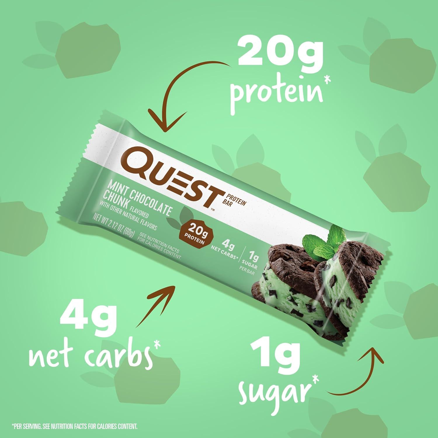 Quest Nutrition Mint Chocolate Chunk Protein Bars, 20g Protein, 1g Sugar, 4g Net Carb, Gluten Free, Keto Friendly, 12 Count,
