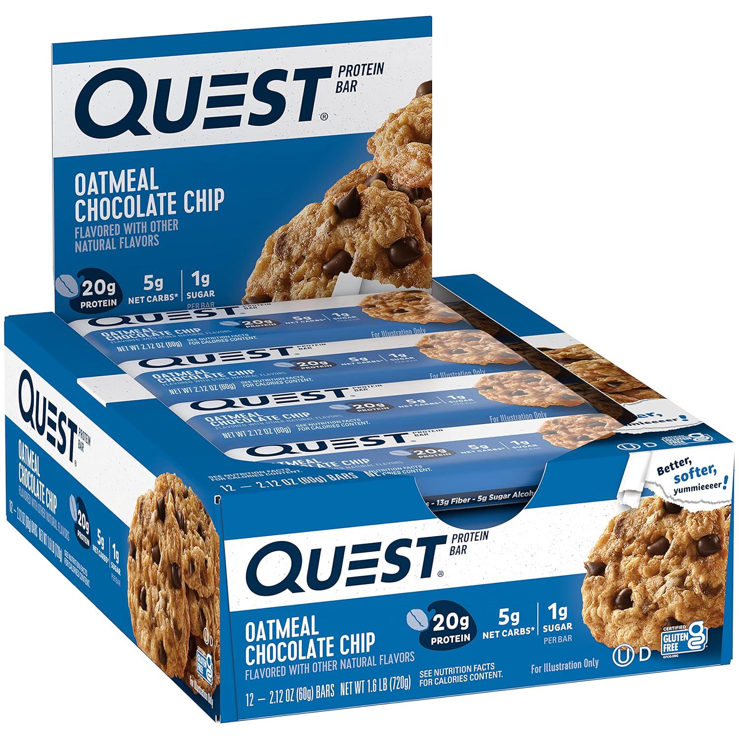 Quest Nutrition Oatmeal Chocolate Chip Protein Bars, 20g Protein, 1g Sugar, 5g Net Carb, Gluten Free, Keto Friendly, 12 Count,