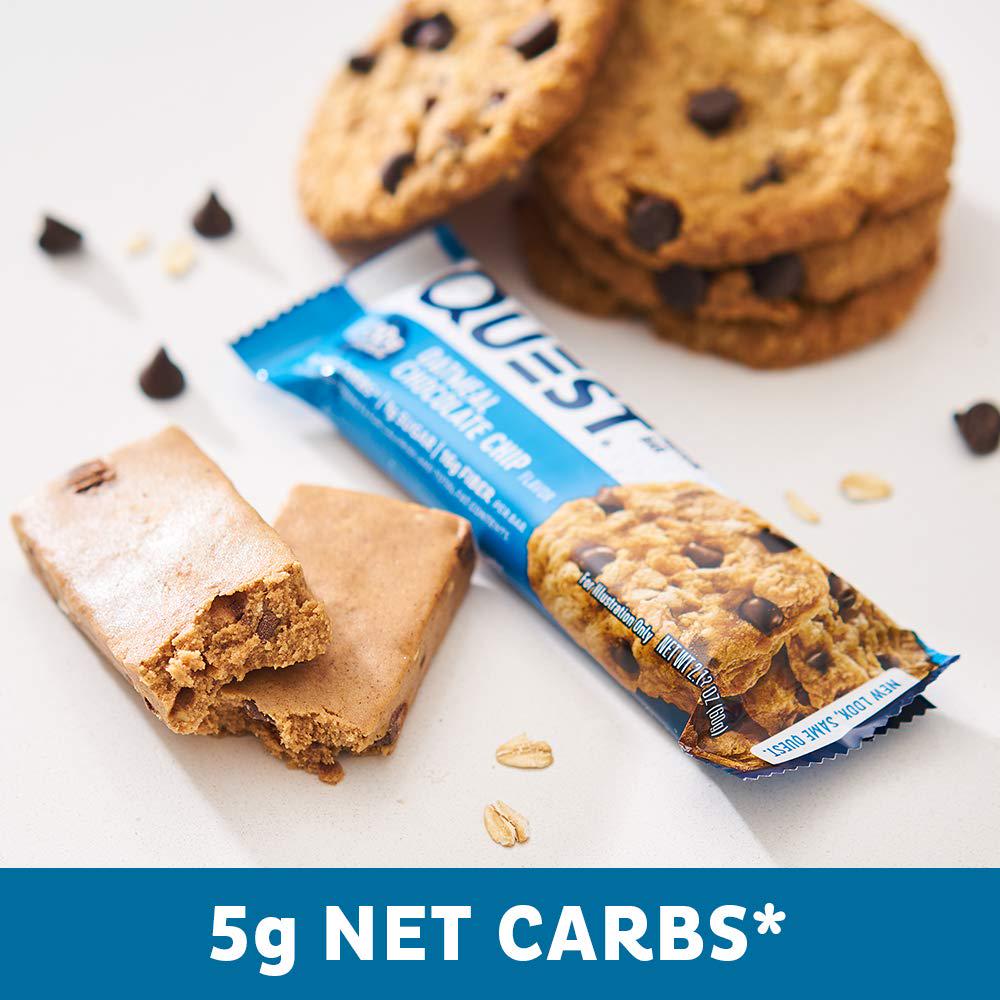 Quest Nutrition Oatmeal Chocolate Chip Protein Bars, 20g Protein, 1g Sugar, 5g Net Carb, Gluten Free, Keto Friendly, 12 Count,