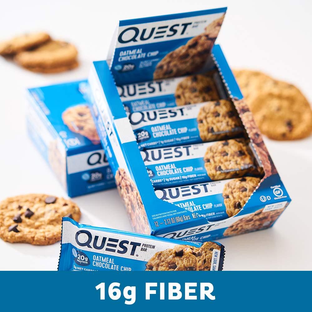Quest Nutrition Oatmeal Chocolate Chip Protein Bars, 20g Protein, 1g Sugar, 5g Net Carb, Gluten Free, Keto Friendly, 12 Count,