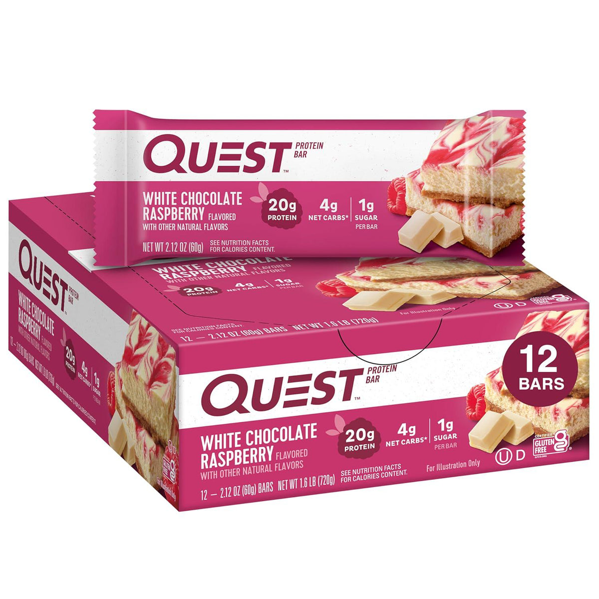 Quest Nutrition White Chocolate Raspberry Protein Bars, 20g Protein, 1g Sugar, 5g Net Carb, Gluten Free, Keto Friendly, 12 Count,