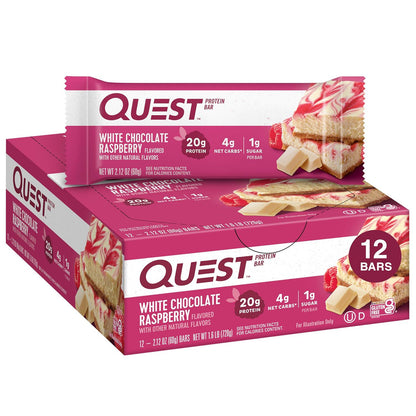 Quest Nutrition White Chocolate Raspberry Protein Bars, 20g Protein, 1g Sugar, 5g Net Carb, Gluten Free, Keto Friendly, 12 Count,