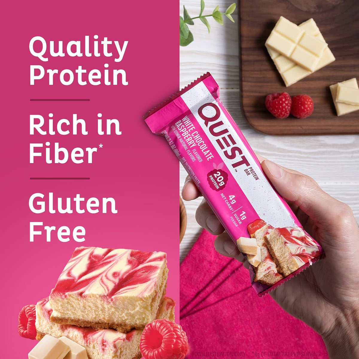 Quest Nutrition White Chocolate Raspberry Protein Bars, 20g Protein, 1g Sugar, 5g Net Carb, Gluten Free, Keto Friendly, 12 Count,