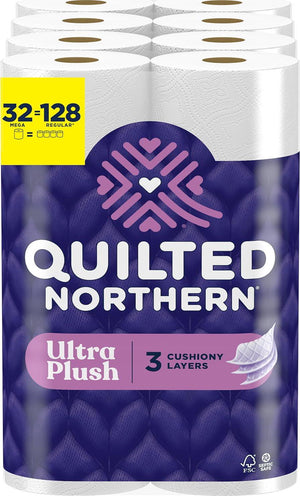 Quilted Northern Ultra Plush Toilet Paper, 32 Mega Rolls (128 Regular Rolls), 3x Thicker, 3-Ply Soft Tissue for Extra Comfort
