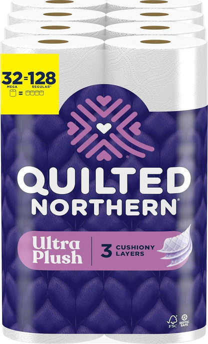 Quilted Northern Ultra Plush Toilet Paper, 32 Mega Rolls (128 Regular Rolls), 3x Thicker, 3-Ply Soft Tissue for Extra Comfort