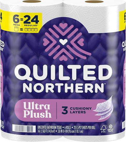 Quilted Northern Ultra Plush Toilet Paper, 6 Mega Rolls, 24 Regular Rolls, 3-Ply Soft Tissue for Comfort