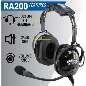 RA200 Aviation Pilot Headset, 1 Pc, Noise-Cancel Mic, Foam Seals, Adjustable Fit, Includes Free Carry Bag