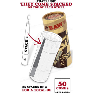 RAW RAW Cones Classic 1-1/4 Size - 50 Pack - Slow Burning Pre Rolled Cones Made Of Paper With Tips And Packing Tubes Included