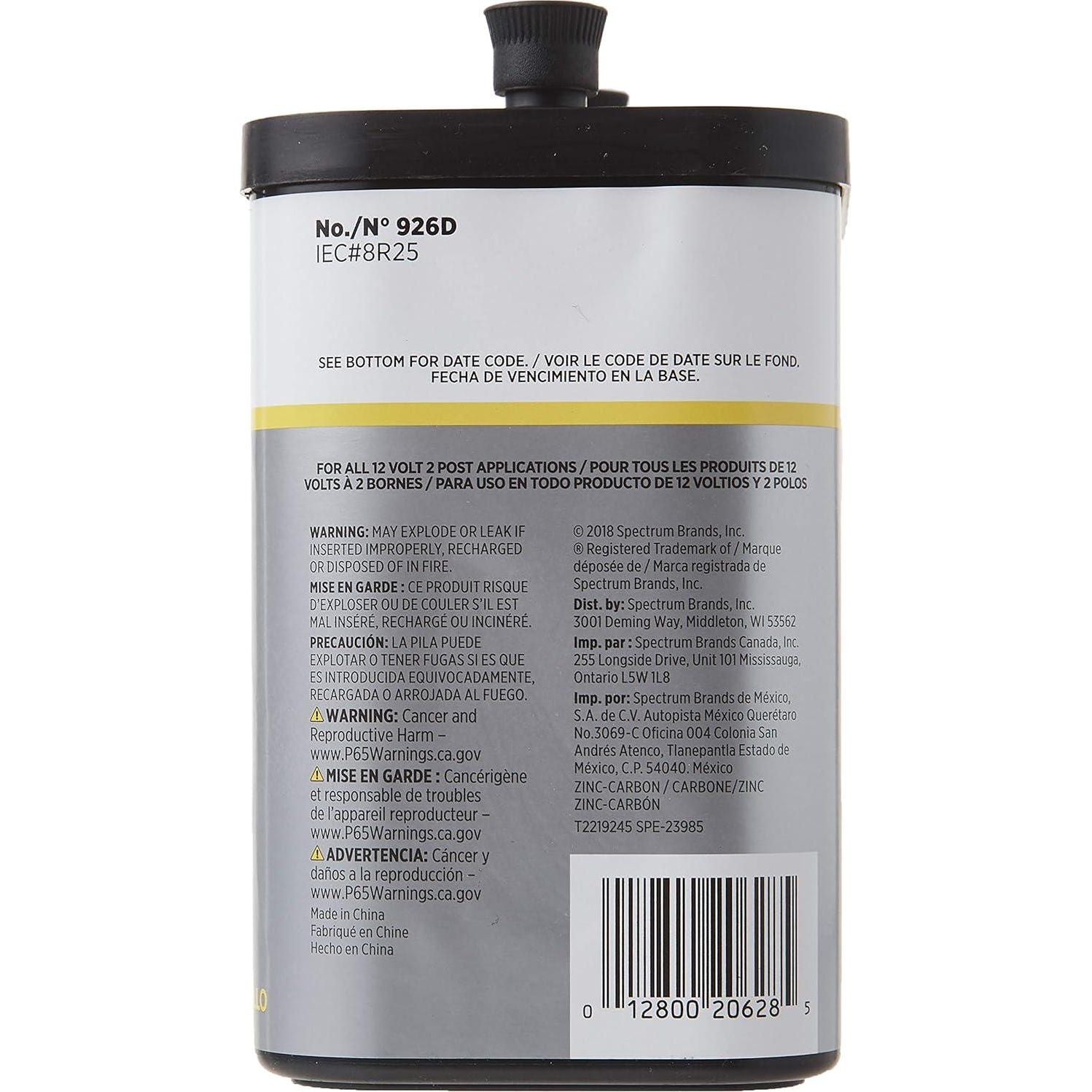 RAYOVAC General Purpose Lantern Battery, 12 Volt, Screw Terminals, 926C,799472741794
