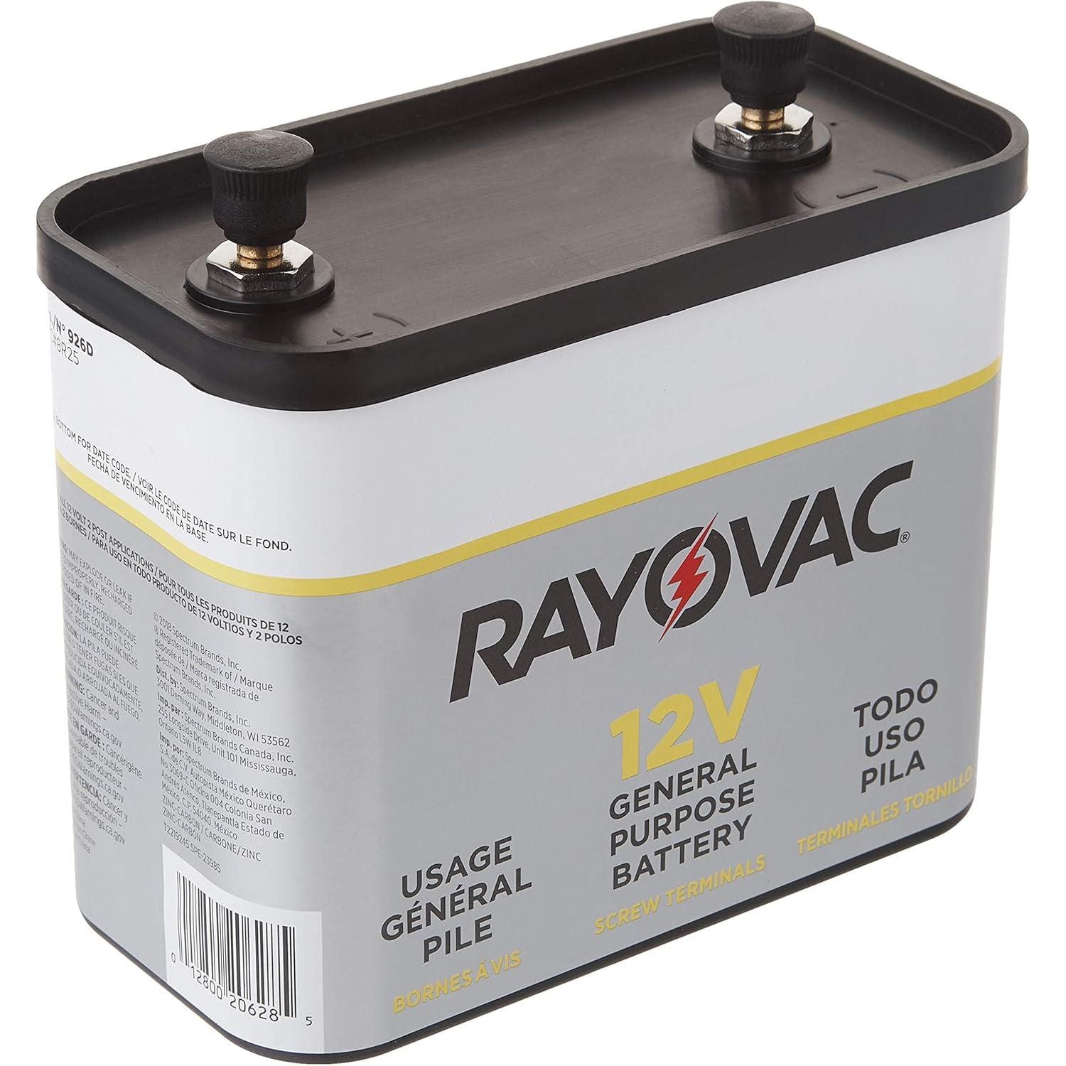 RAYOVAC General Purpose Lantern Battery, 12 Volt, Screw Terminals, 926C,799472741794