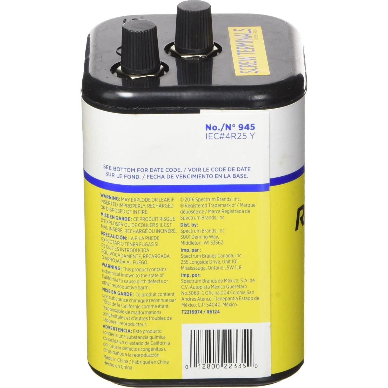 RAYOVAC Heavy Duty Lantern Battery, 6 Volt Screw Terminals, 945R4C,012800223350