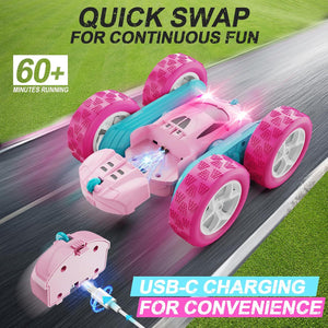 Remote Control Stunt Car for Girls Double Sided RC Toy with Headlights Pink Birthday Gift Ages 6 to 12
