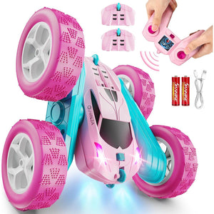 Remote Control Stunt Car for Girls Double Sided RC Toy with Headlights Pink Birthday Gift Ages 6 to 12