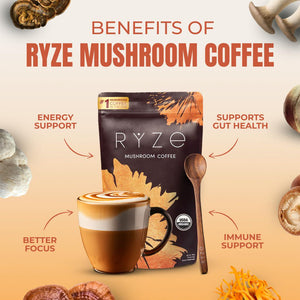 Ryze Superfoods Mushroom Coffee, USDA Organic, 6 Adaptogenic Mushrooms & MCT Oil, 30 Servings, Instant Coffee for Energy & Immunity