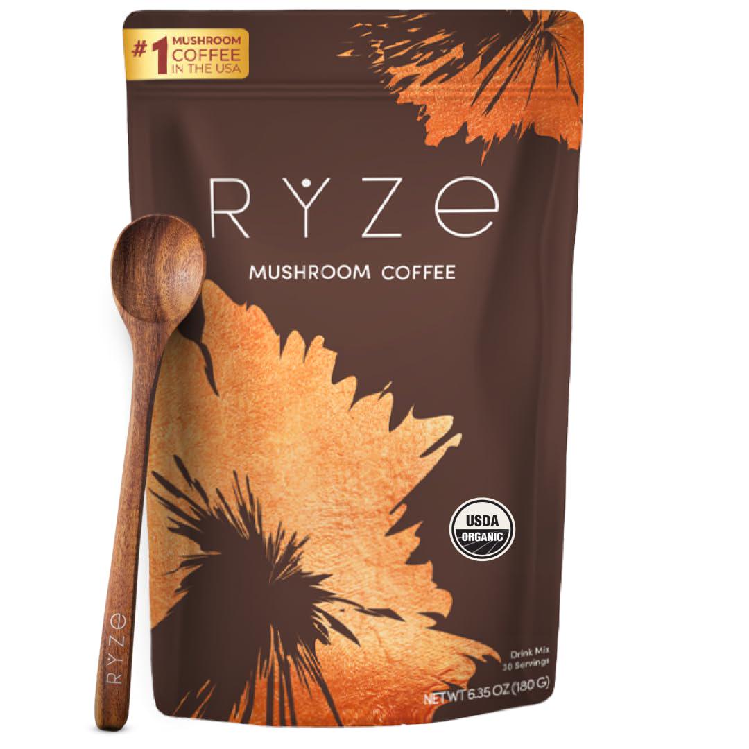 Ryze Superfoods Mushroom Coffee, USDA Organic, 6 Adaptogenic Mushrooms & MCT Oil, 30 Servings, Instant Coffee for Energy & Immunity