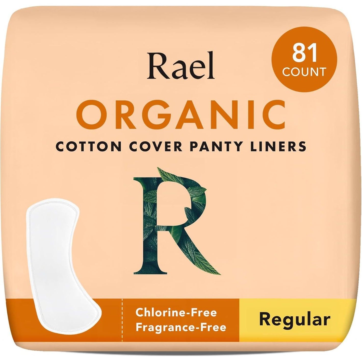 Rael Panty Liners for Women, Organic Cotton Cover, Regular, Light Absorbency, Unscented, Chlorine-Free, 81 Count
