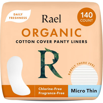 Rael Panty Liners for Women, Organic Cotton Cover, Light Absorbency, Unscented, Micro-Thin, 140 Count, Chlorine-Free, Feminine Hygiene