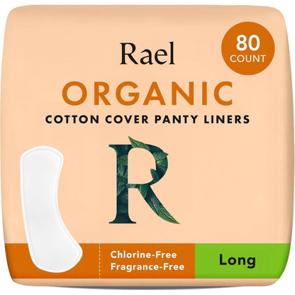 Rael Organic Cotton Panty Liners, Long, Light Absorbency, Unscented, Chlorine-Free, 80 Count