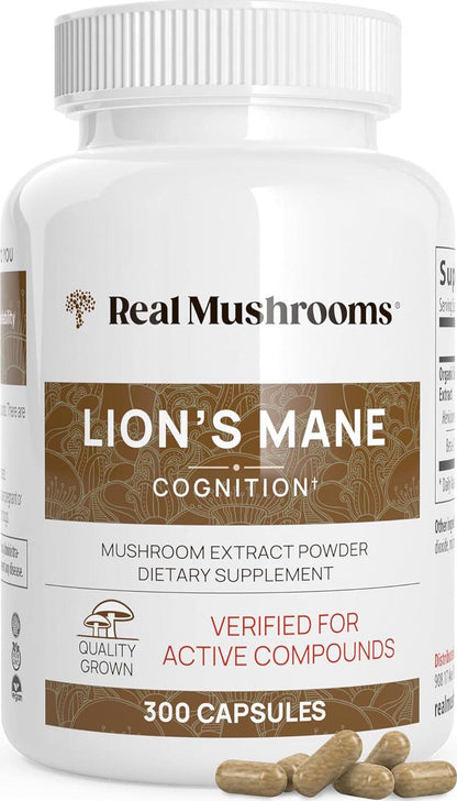 Real Mushrooms Lion’s Mane Capsules, Organic Mushroom Extract for Cognitive Function & Immune Support, Vegan, 300 Capsules