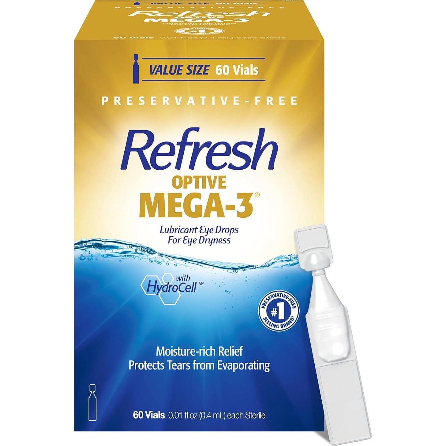Refresh Optive Mega-3 Lubricant Eye Drops, Preservative-Free Artificial Tears, 001 Fl Oz (04ml), 60 Single Use Containers