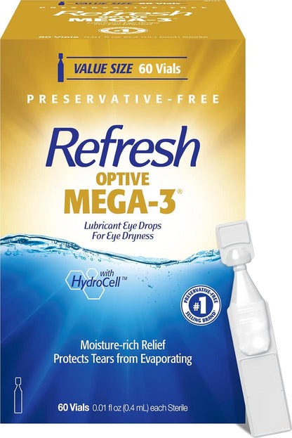 Refresh Optive Mega-3 Lubricant Eye Drops, Preservative-Free Artificial Tears, 001 Fl Oz (04ml), 60 Single Use Containers