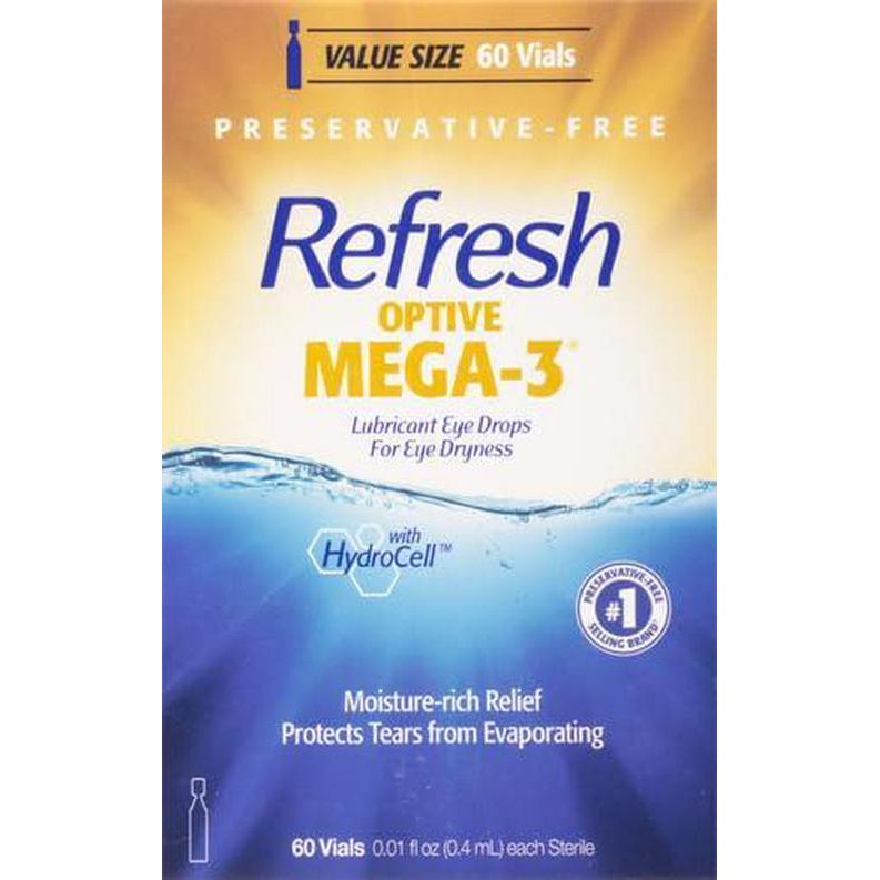 Refresh Optive Mega-3 Lubricant Eye Drops, Preservative-Free Artificial Tears, 001 Fl Oz (04ml), 60 Single Use Containers