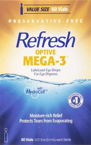 Refresh Optive Mega-3 Lubricant Eye Drops, Preservative-Free Artificial Tears, 001 Fl Oz (04ml), 60 Single Use Containers