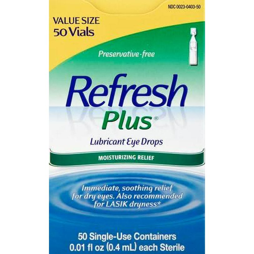 Refresh Plus Lubricant Eye Drops, Preservative-Free, 001 fl oz Single Use Containers, 50 Count, Packaging May Vary